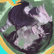 Digital painting of Oreo, a tuxedo cat. She is curled up in a circle, with her sleeping face pointed upwards. Greens and yellows swirl around hwr.